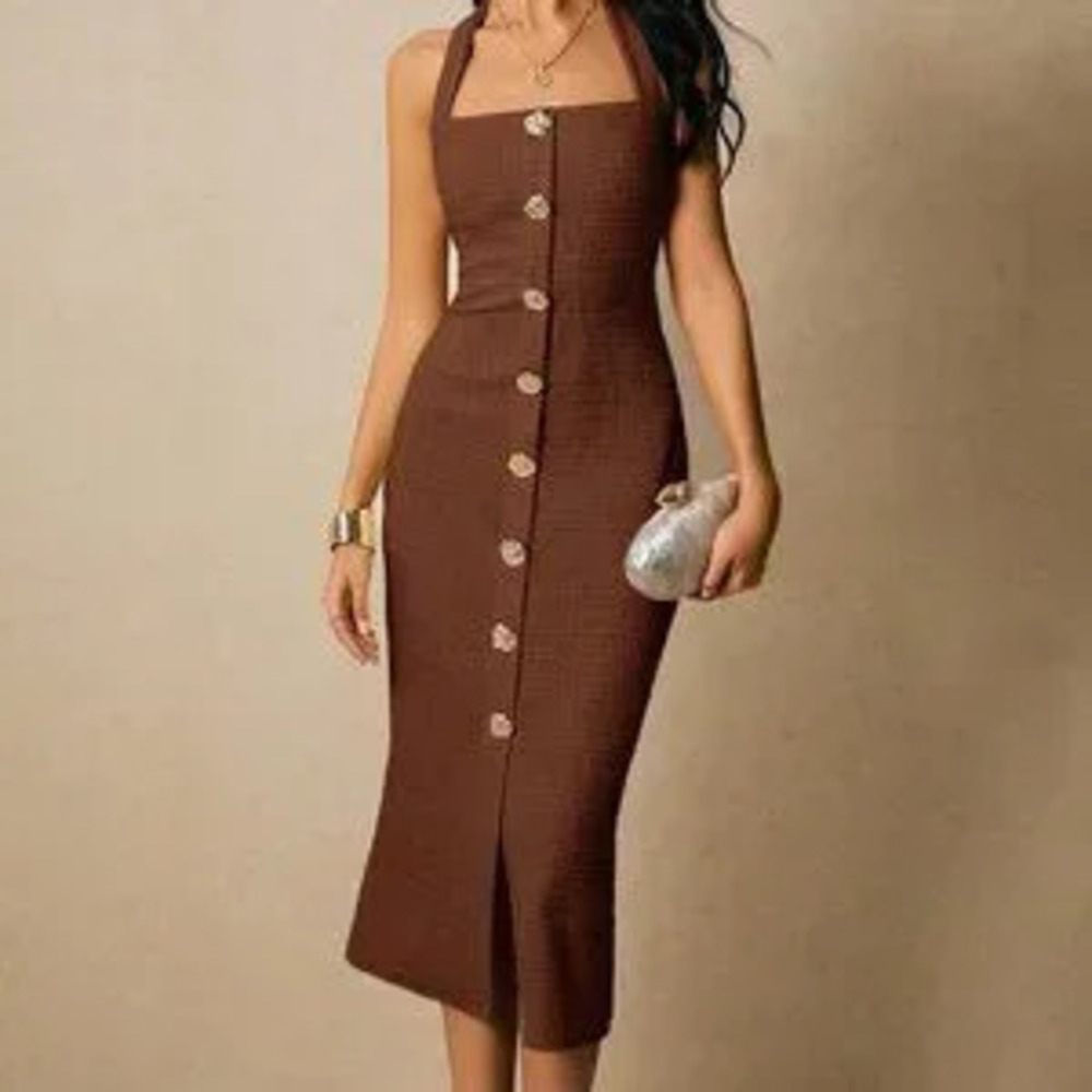 ZARA Brown Elegant Women's Backless Halter Neck Fitted Party Dress